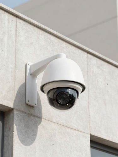 Crisp commercial photography of a high-definition dome security camera mounted on a clean concrete building facade under bright Riyadh daylight.