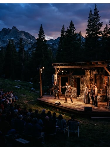 Dramatic wide shot of a live theatrical performance on an outdoor stage in Mammoth Lakes, towering pine trees and rugged granite peaks of the Eastern Sierra silhouetted against a deep twilight sky, warm stage lights casting long shadows, 35mm documentary style.