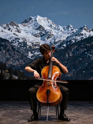 Dramatic portrait of a classical musician playing cello on an outdoor stage with snow-capped mountains in the background, mixed stage and natural alpine light, deep rich tones, 35mm, portrait aspect