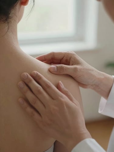 Close-up of a therapist's hands gently adjusting a client's shoulder posture mid-session, soft diffused daylight from a nearby window, warm neutral background, no faces visible, precise and human touch captured mid-movement