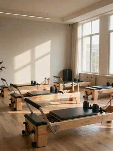 Wide interior shot of a calm pilates studio bathed in soft north-facing window light from the right, empty reformer equipment arranged in precise rows on warm wood floors, no people, quiet morning atmosphere, neutral walls with gentle shadows