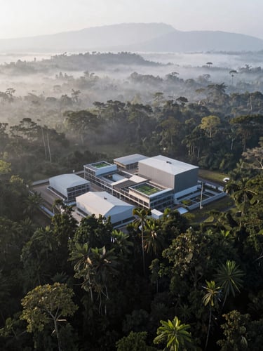 Editorial drone photography, misty morning light over dense Borneo rainforest canopy meeting a modern sustainable industrial facility, cool desaturated tones, Hasselblad medium format