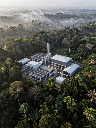 High-altitude aerial drone photography of Borneo's dense tropical canopy meeting a modern sustainable industrial processing facility, misty morning light, cool desaturated tones, Hasselblad medium format