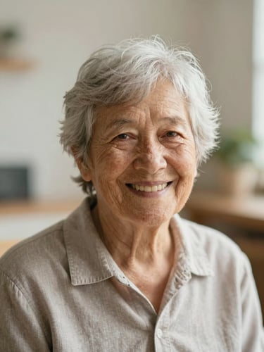 Warm editorial portrait of an elderly community member smiling warmly during a visual evaluation, soft natural daylight, shallow depth of field, 35mm
