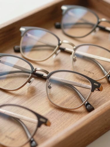 Medium close-up of high-quality, modern glasses frames arranged neatly on a wooden tray, soft natural light reflecting off clean lenses, warm editorial style, 35mm