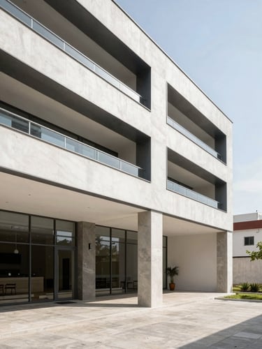 Fotografía arquitectónica en ángulo simétrico de un vestíbulo corporativo moderno en el Bajío, iluminación natural brillante, acabados de tablaroca y techumbres de acero visibles, 35mm