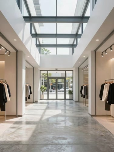 Symmetrical architectural shot of a modern retail store interior, polished concrete floors, clean track lighting, steel framing accents, bright natural daylight, 35mm.