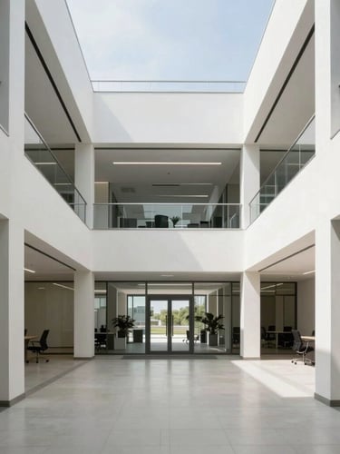 Symmetrical architectural shot of a modern corporate office interior with clean drywall finishes and professional lighting, bright daylight, 35mm