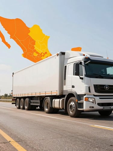Portrait-oriented high-contrast industrial commercial photograph of a modern heavy-duty transport truck on a clean highway, seen from a low angle, with a stylized map of Mexico overlaid with bright orange and yellow route lines. Bright midday daylight, sharp focus.