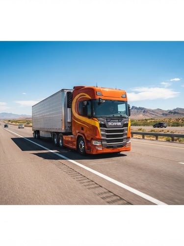 Wide shot of a modern heavy-duty transport truck, orange and yellow livery, driving on a clean, multi-lane highway under bright midday sun, with clear blue sky, low horizon, industrial commercial photography, sharp focus, wide-angle lens, high-contrast warm tones, professional editorial