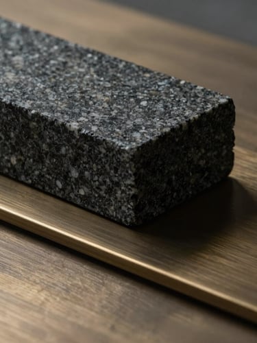 Macro photograph of textured dark granite block resting on brushed bronze plates, sharp clean architectural lines, soft side light with deep shadows, high-end minimalist composition.