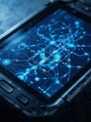 Macro close-up of a rugged Android terminal screen displaying real-time transit telemetry, cool low-key blue studio lighting, deep slate background