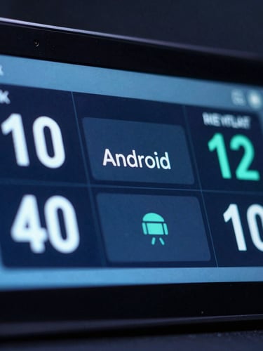 Macro close-up of a rugged Android terminal screen showing real-time transit telemetry, cool low-key studio lighting, deep slate and neon blue tones