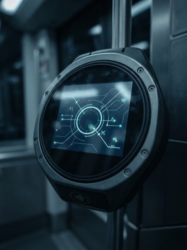 Macro close-up of a rugged Android transit validation terminal in a modern European light rail car, cool low-key blue studio lighting, sharp focus on the glass screen displaying clean interface lines