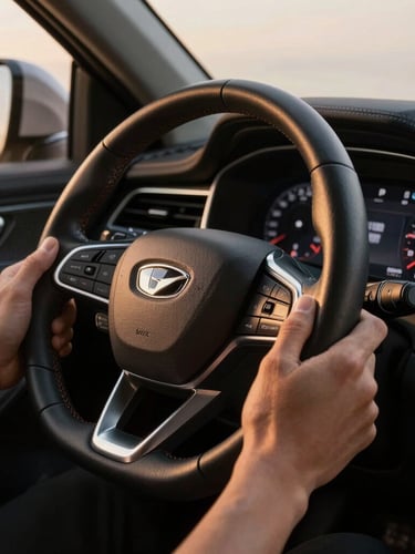 Hands holding a premium leather-wrapped steering wheel, clean modern dashboard, soft golden hour light filtering through the window