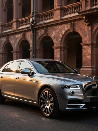 Three-quarter view of a pristine luxury sedan parked in front of a historic heritage building in Ballygunge, Kolkata, dramatic golden hour light reflecting off the deep metallic paint.