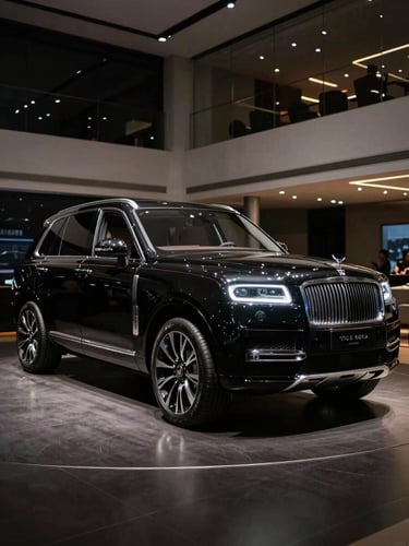 Three-quarter angle of a pristine metallic black luxury SUV parked in a sleek, architectural Kolkata showroom, dramatic low-key studio lighting, rich dark tones.