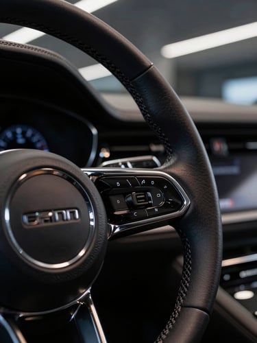 Close-up macro detail of a pristine leather steering wheel and polished dashboard of a luxury vehicle inside a sleek, modern showroom with low-key dramatic lighting.