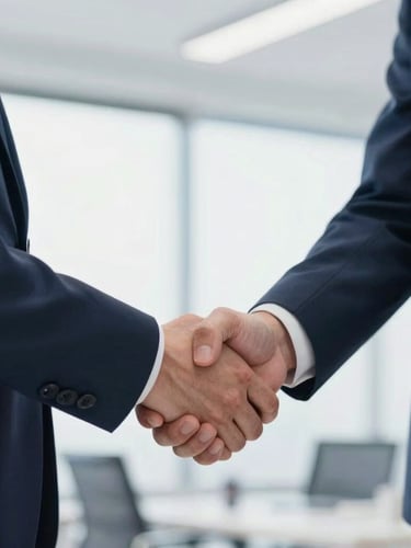 Close-up of two business professionals shaking hands in a bright, modern office, soft natural light, deep blue tones, shallow depth of field, professional 35mm photography