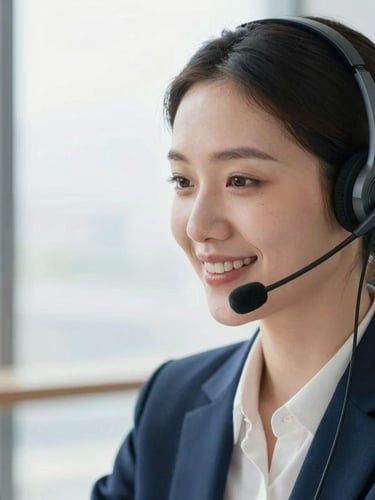 Close-up of a professional woman in a bright office environment, smiling warmly while speaking on a modern headset, soft natural window light, shallow depth of field