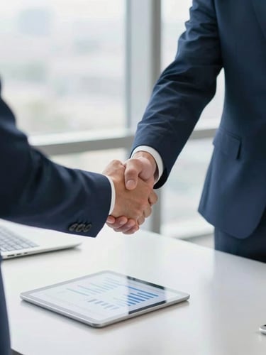 A bright, modern corporate office with soft natural light, where two professionals in business attire shake hands warmly across a clean desk, a tablet showing a simple data chart nearby, 35mm photography