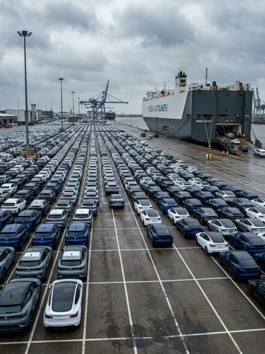 Wide-angle industrial port terminal under overcast daylight, rows of new electric vehicles parked in structured grids ready for loading, Ro-Ro vessel docked in background, cool blue and metallic tones.