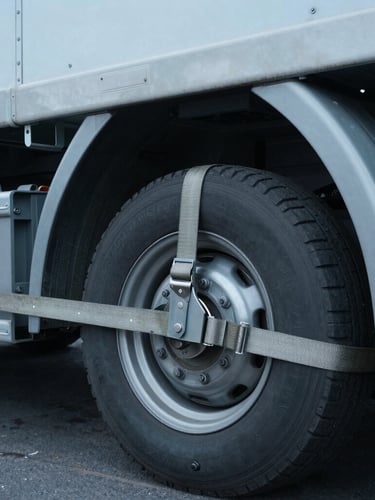Close-up detail shot of heavy-duty transport securing straps on a vehicle wheel inside a cargo vessel, industrial steel textures, sharp focus, cool overcast lighting.