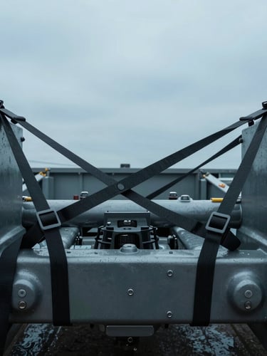 Tight detail shot of heavy-duty transport securing straps anchoring a vehicle chassis inside a cargo ship, industrial metallic textures, cool overcast lighting