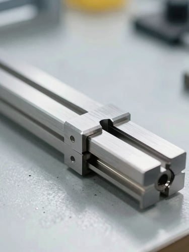 Close-up of high-precision metallic jig on a workbench, sharp focus on calibrated edges, cool metallic tones, bright natural factory light, 35mm lens