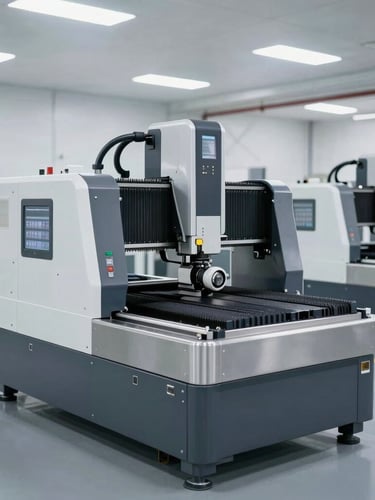 Wide shot of a clean modern factory floor with CNC machines operating, cool metallic tones, bright technical lighting, sharp focus