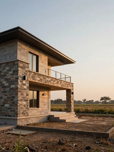 Wide environmental shot of a completed single-storey custom home set into flat Haryana farmland, warm morning sidelight raking across stone-clad walls, low horizon with open sky above, the building occupying the left two-thirds of frame with landscape receding to the right