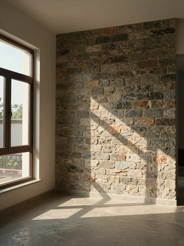 Eye-level interior perspective of a completed Haryana home, afternoon directional light entering through a deep-set north-east window, casting a precise shadow bar across a locally quarried stone wall, empty room showing spatial flow and honest material texture