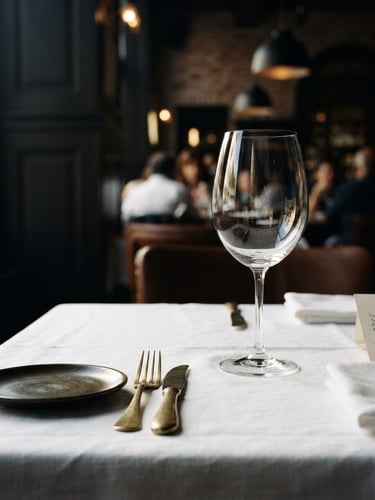 Elegant editorial food photography, dramatic side-lighting. An immaculate table setting in a Buenos Aires restaurant with crisp white linen tablecloth, polished brass cutlery, and a single empty wine glass reflecting soft light, deep charcoal shadows, sharp focus, 35mm.