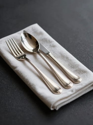 Elegant portrait of a single structured table setting, polished silver cutlery, crisp linen napkin, deep charcoal background, dramatic side-lighting.