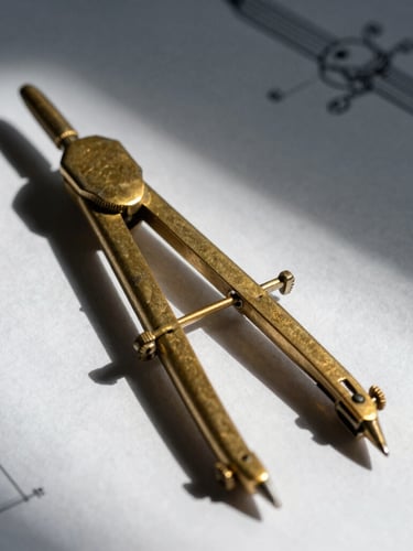 Macro shot of a heavy brass drafting compass resting on thick, textured parchment paper, dramatic side-lighting casting sharp geometric shadows, high-contrast technical blueprint aesthetic.