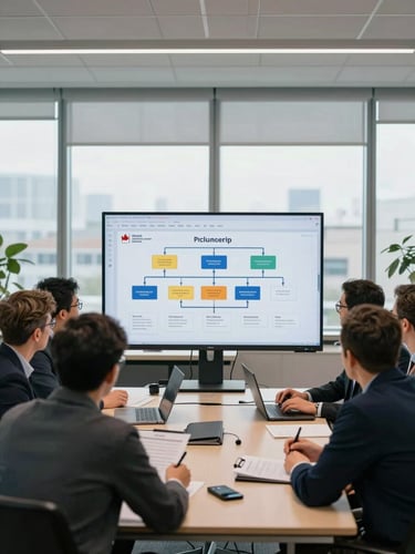 Wide environmental shot of a professional team gathered around a large monitor displaying a systems architecture diagram in a modern Canadian government-adjacent office, neutral daylight from wide windows, colleagues reviewing compliance documentation on the table, no one facing the camera