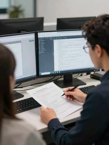 Medium shot of two professionals at a secure workstation reviewing classified software interface documentation under neutral office lighting, focus on the screens and paperwork, no faces visible