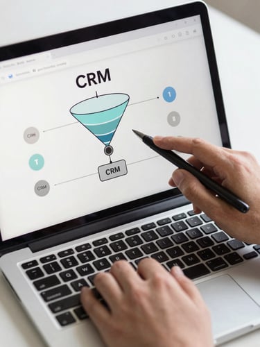 Close-up overhead shot of a laptop screen showing a CRM workflow diagram with annotated funnel stages, a hand holding a pen pointing at a stage node, clean studio daylight, minimal desk surface visible, no faces
