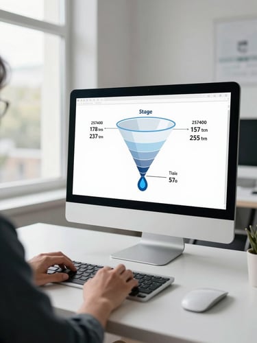 Wide shot of a person's hands scrolling through a funnel stage diagram on a desktop monitor, annotated with lead counts and drop-off rates at each stage, clean white workspace, bright daylight from a large window to the left