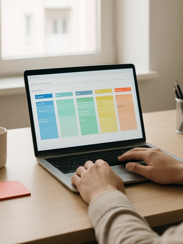 Wide shot of a clean desk workspace, a laptop screen showing a CRM pipeline with color-coded deal stages, hands resting on keyboard, bright daylight from a north-facing window, minimal clutter, soft coral accent visible on a sticky note in the lower left corner