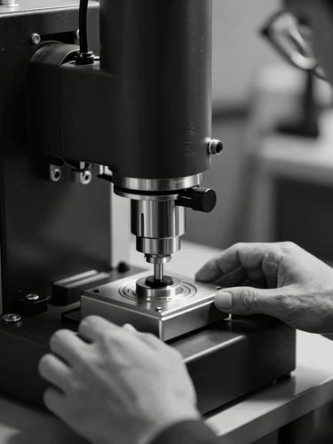 Grayscale professional close-up of technical trade testing, hands operating heavy machinery under dramatic directional studio lighting, deep charcoal tones, sharp focus