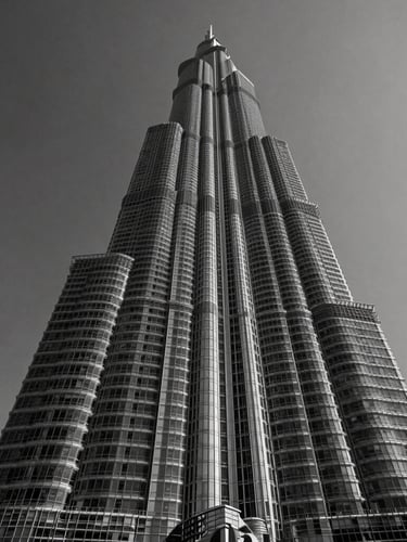 Grayscale low-angle architectural photograph of a towering skyscraper in Business Bay, Dubai, dramatic shadows, sharp focus, premium B2B editorial style