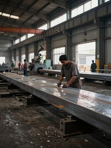 Industrial documentary photography of an active steel manufacturing floor in Bihar, high-contrast interior lighting, realistic 35mm lens.