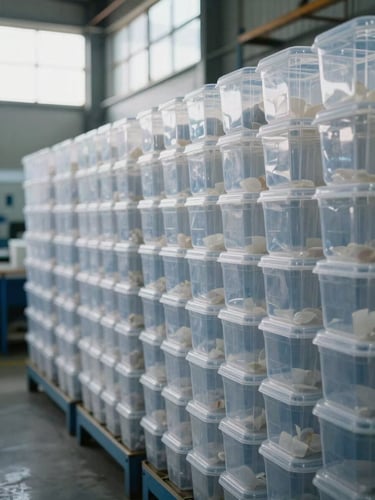 Wide environmental shot of a PET container production floor in Guatemala, stacked rows of clear plastic containers filling the right two-thirds of the frame, diffused natural daylight through high factory windows, industrial steel shelving visible in background, no people