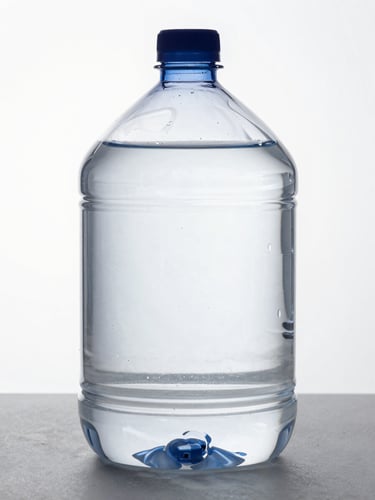 Extreme close-up studio shot of a single 5 liter wide-mouth clear PET jug standing on a matte gray surface, diffused strobe lighting showing handle integration and base footprint, white background