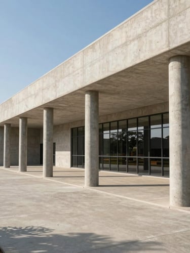 Wide environmental shot of a completed modern public educational facility in Botswana, clean raw concrete lines, structural steel columns, bright natural sunlight casting long shadows