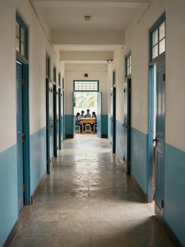 Wide environmental shot of a Kerala school corridor, classroom doors open, students visible at desks through doorways, natural daylight, institutional tile floors, documentary framing from hallway