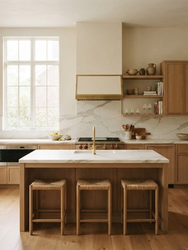 Straight-on architectural photograph of a high-end completed kitchen, warm natural daylight streaming through windows, white oak cabinetry, precise marble joints, neutral tones, 35mm