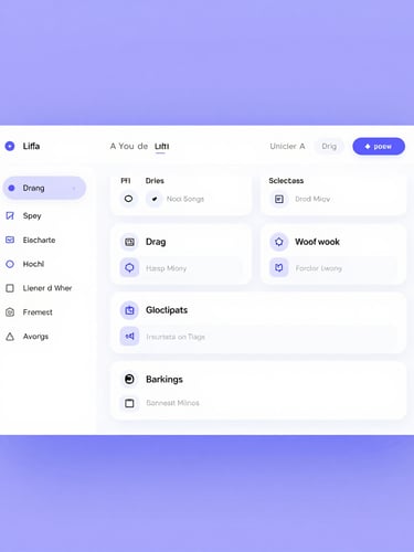 Clean UI mockup of a modern AI website builder interface, showing drag-and-drop elements and a clean layout, soft purple and blue ambient light, minimalist tech aesthetic