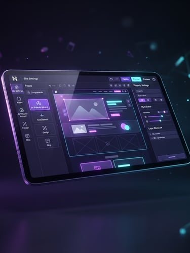 Clean 3d render of Hostinger AI website builder UI dashboard on a floating tablet, glowing purple and cyan neon lights, dark background